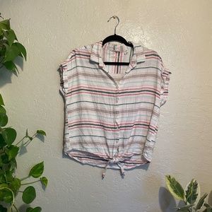 Striped Linen Shirt W/ Tie Front
